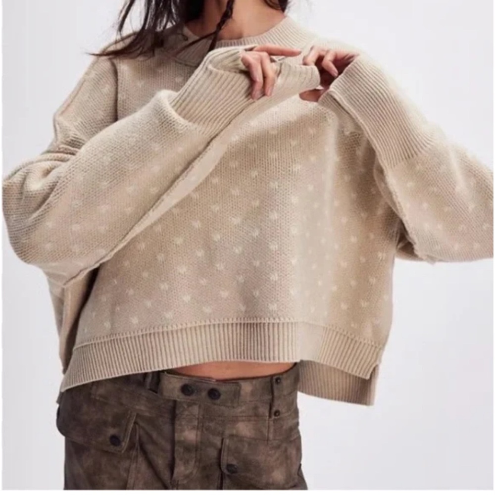 NWT Free People Easy Street Patterned Crop Sweater Hearts Beige Tan - Picture 4 of 11